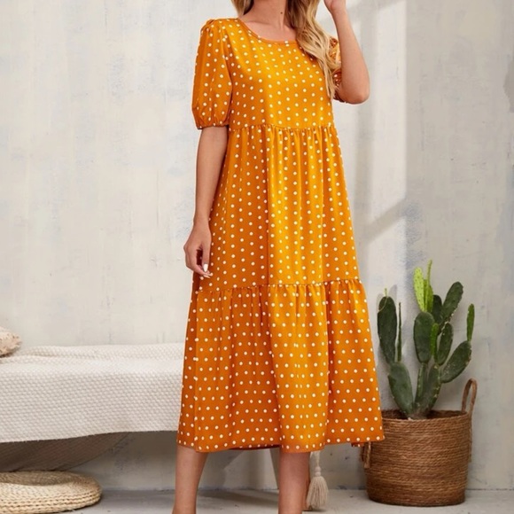 EMERY ROSE Polka Dot Ruffle Hem Puff Sleeve Smock Dress.❤️ - Picture 2 of 5